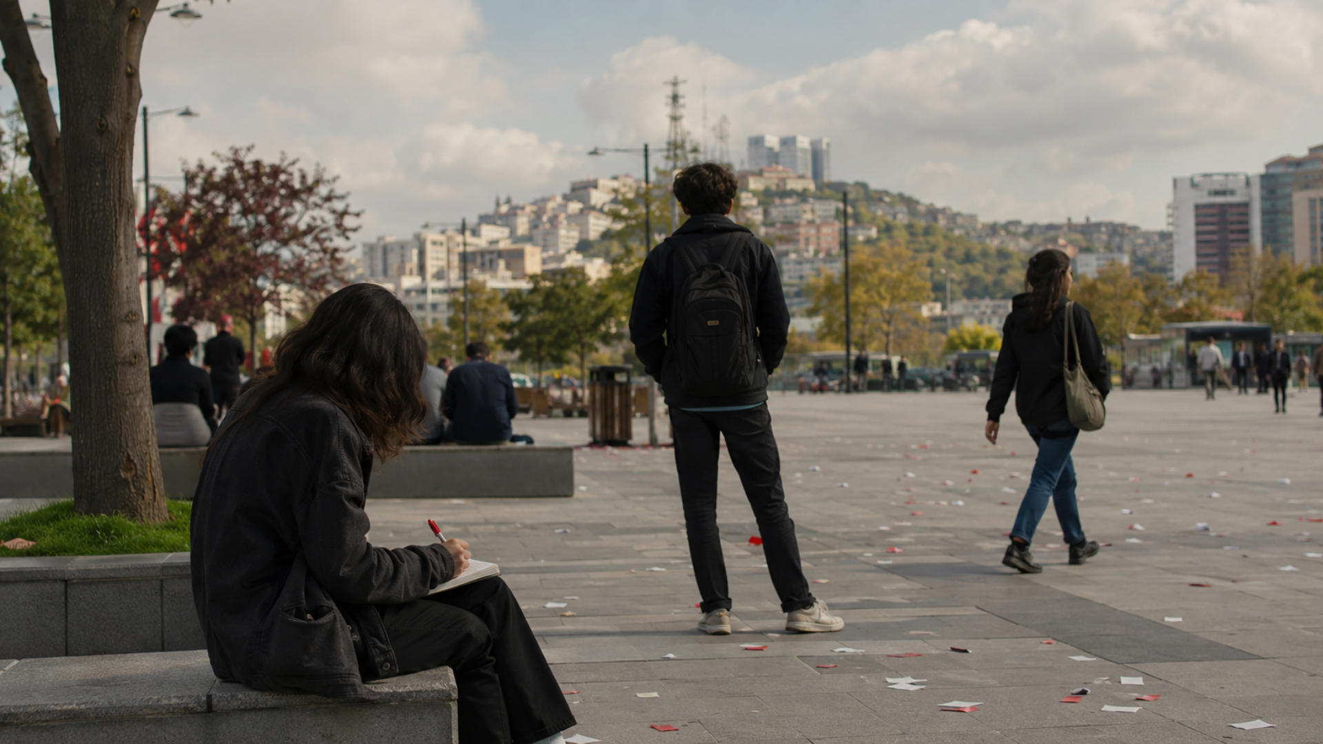 19 Mayıs sonrası bir kent meydanında, yüzleri görünmeyen gençlerin gündelik hayat içinde düşünme, yürüme ve birlikte var olma hâlini gösteren gerçekçi editoryal görsel.